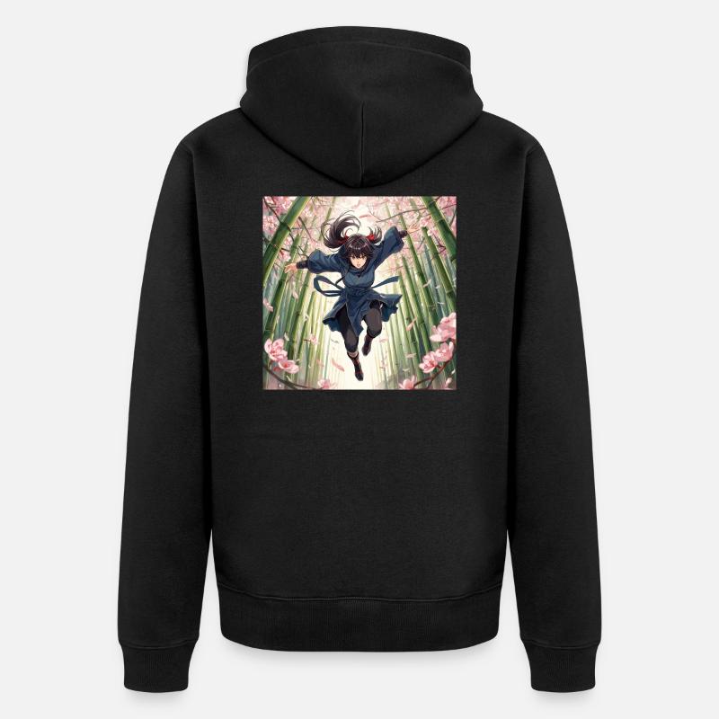 Bambusheldin im Kirschblütenpfad - Unisex Premium Bio Zip Hoodie - Schwarz