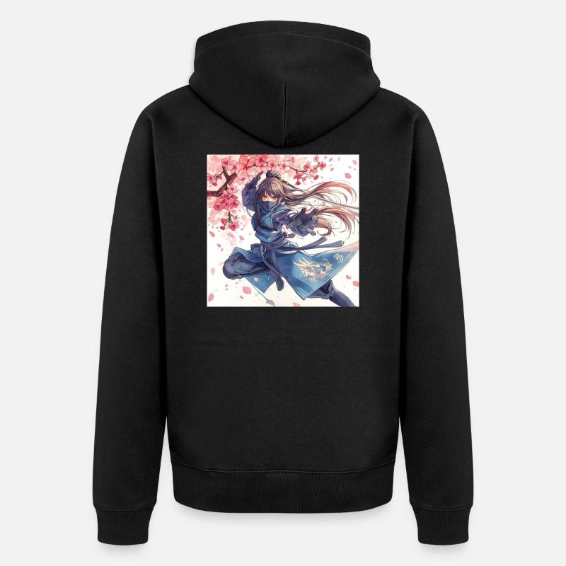 Kirschblüten-Ninja im Blitzangriff - Unisex Premium Bio Zip Hoodie - Schwarz