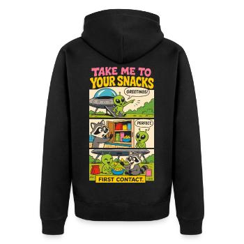 Alien-Erstkontakt mit Snacks - Unisex Premium Bio Zip Hoodie - Schwarz - Hinten - Nico (187cm)