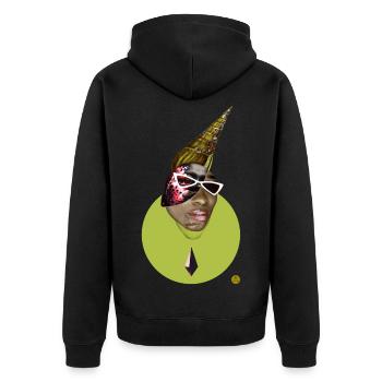 Surreale digitale Collage – Shell Bizu - Unisex Premium Bio Zip Hoodie - Schwarz - Hinten - Nico (187cm)