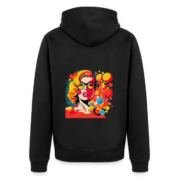 Retro Pop Art Frau mit Brille und bunten Punkten - Unisex Premium Bio Zip Hoodie - Schwarz - Hinten - Nico (187cm)