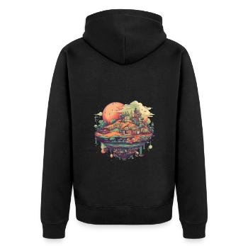 Surrealistisches fliegendes Dorf in bunt - Unisex Premium Bio Zip Hoodie - Schwarz - Hinten - Nico (187cm)