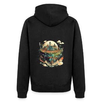 Village / ville volant surréaliste dans coloré - Veste à capuche bio Premium Unisexe - noir - Dos - Nico (187cm)