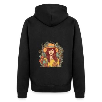 Hübsche Gärtnerin mit Hut und vielen Pflanzen - Unisex Premium Bio Zip Hoodie - Schwarz - Hinten - Nico (187cm)