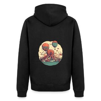 Surrealistisches Motiv, Oktopus Insel mit Ballons - Unisex Premium Bio Zip Hoodie - Schwarz - Hinten - Nico (187cm)