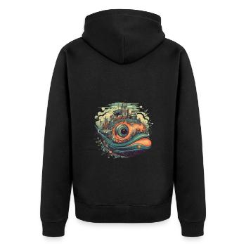 Surrealistischer Wal mit Stadt auf dem Rücken - Unisex Premium Bio Zip Hoodie - Schwarz - Hinten - Nico (187cm)