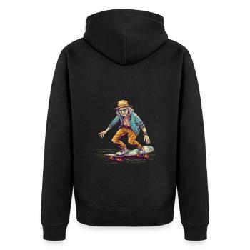 Coole Bestagerin mit Skateboard und Hut Hipster - Unisex Premium Bio Zip Hoodie - Schwarz - Hinten - Nico (187cm)