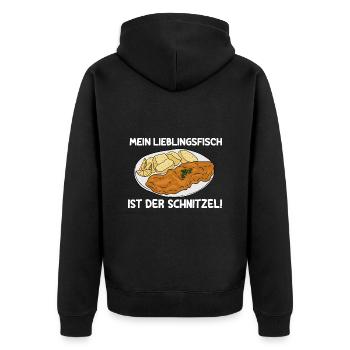 Mein Lieblingsfisch Ist der Schnitzel - Unisex Premium Bio Zip Hoodie - Schwarz - Hinten - Nico (187cm)