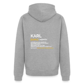 Karl - Unisex Premium Bio Zip Hoodie - Grau meliert - Hinten - Nico (187cm)