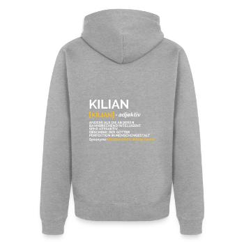 Kilian - Unisex Premium Bio Zip Hoodie - Grau meliert - Hinten - Nico (187cm)