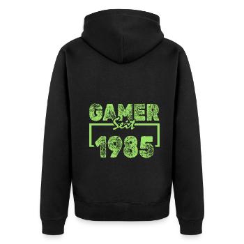 Jahr 1985 - Unisex Premium Bio Zip Hoodie - Schwarz - Hinten - Nico (187cm)