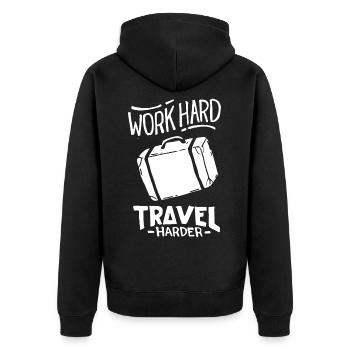 Work hard, but travel harder! - Unisex Premium Organic Zip Hoodie - black - Back - Nico (187cm)