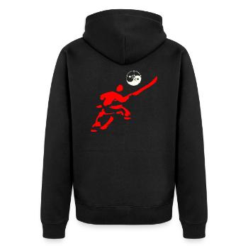 Shaolin Figur mit Hellebarde und Taijitu/ Yin-Yang - Unisex Premium Bio Zip Hoodie - Schwarz - Hinten - Nico (187cm)