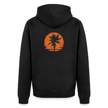 Distressed Sunset Palm Silhouette - Unisex Premium Bio Zip Hoodie - Schwarz - Hinten - Nico (187cm)
