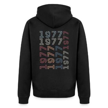 Jahrgang 1977 Geburtstagsgeschenk 1977 Retro 1977 - Unisex Premium Bio Zip Hoodie - Schwarz - Hinten - Nico (187cm)