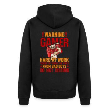 Warning! Gamer hard at work focused on saving t... - Unisex Premium Bio Zip Hoodie - Schwarz - Hinten - Nico (187cm)