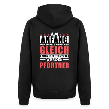 Am Anfang waren alle gleich - Pförtner Edition - Unisex Premium Bio Zip Hoodie - Schwarz - Hinten - Nico (187cm)