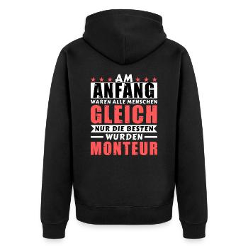 Am Anfang waren alle gleich - Monteur Edition - Unisex Premium Bio Zip Hoodie - Schwarz - Hinten - Nico (187cm)