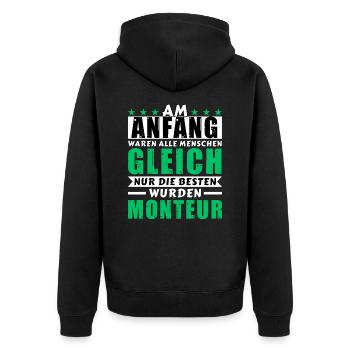Am Anfang waren alle gleich - Monteur Edition - Unisex Premium Bio Zip Hoodie - Schwarz - Hinten - Nico (187cm)