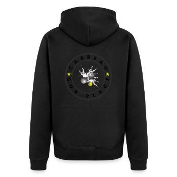 boule logo carreau sur place gelb - Unisex Premium Bio Zip Hoodie - Schwarz - Hinten - Nico (187cm)