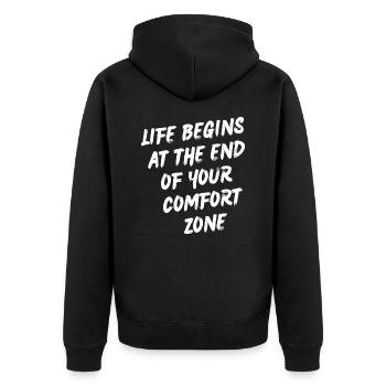 Life begins at the end of your comfort zone - Unisex Premium Bio Zip Hoodie - Schwarz - Hinten - Nico (187cm)