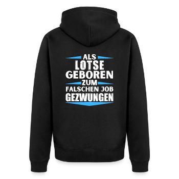 Lotse im falschen Job gelandet - Unisex Premium Bio Zip Hoodie - Schwarz - Hinten - Nico (187cm)