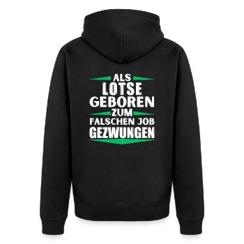 Lotse im falschen Job gelandet - Unisex Premium Bio Zip Hoodie - Schwarz - Hinten - Nico (187cm)