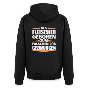 Fleischer im falschen Job gelandet - Unisex Premium Bio Zip Hoodie - Schwarz - Hinten - Nico (187cm)