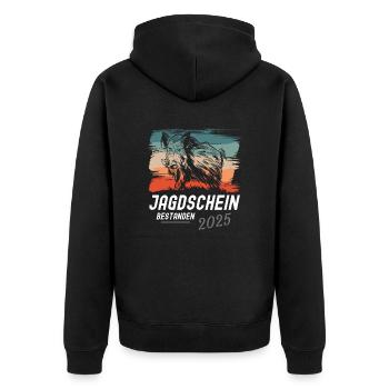 Jagdschein Bestanden 2025 - Unisex Premium Bio Zip Hoodie - Schwarz - Hinten - Nico (187cm)