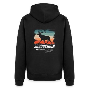 Jagdschein Bestanden 2024 - Hirschjagd - Unisex Premium Bio Zip Hoodie - Schwarz - Hinten - Nico (187cm)