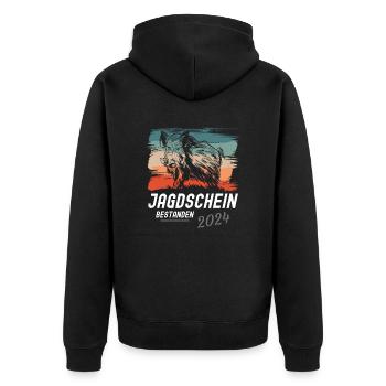Jagdschein Bestanden 2024 - Unisex Premium Bio Zip Hoodie - Schwarz - Hinten - Nico (187cm)