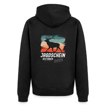 Jagdschein Bestanden 2025 - Unisex Premium Bio Zip Hoodie - Schwarz - Hinten - Nico (187cm)