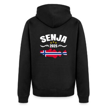 Senja Norwegen Angeltour 2025 - Unisex Premium Bio Zip Hoodie - Schwarz - Hinten - Nico (187cm)