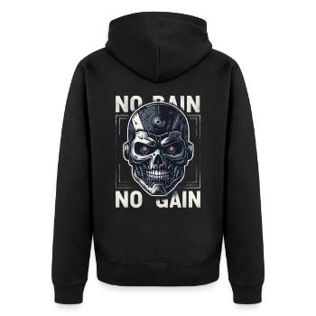 NO PAIN - NO GAIN - CYBORG - ROBOTER - Unisex Premium Bio Zip Hoodie - Schwarz - Hinten - Nico (187cm)