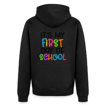 MEIN ERSTER SCHULTAG SCHULE EINSCHULUNG ABC MOTIVE - Unisex Premium Bio Zip Hoodie - Schwarz - Hinten - Nico (187cm)