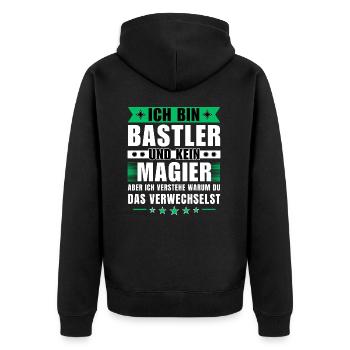 Ich bin Bastler und kein Magier - Unisex Premium Bio Zip Hoodie - Schwarz - Hinten - Nico (187cm)