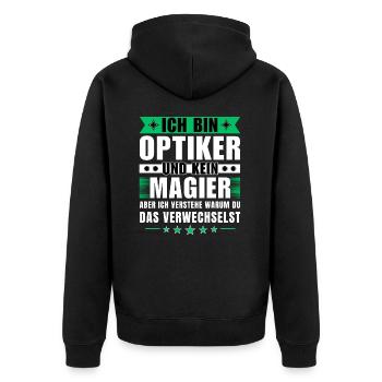 Ich bin Optiker und kein Magier - Unisex Premium Bio Zip Hoodie - Schwarz - Hinten - Nico (187cm)