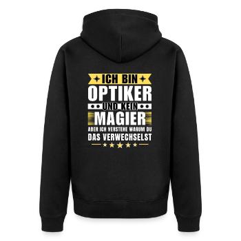 Ich bin Optiker und kein Magier - Unisex Premium Bio Zip Hoodie - Schwarz - Hinten - Nico (187cm)