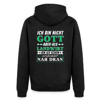 Ich bin nicht Gott aber als Landwirt nah dran - Unisex Premium Bio Zip Hoodie - Schwarz - Hinten - Nico (187cm)