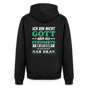 Ich bin nicht Gott aber als Steinmetz nah dran - Unisex Premium Bio Zip Hoodie - Schwarz - Hinten - Nico (187cm)