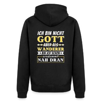 Ich bin nicht Gott aber als Wanderer nah dran - Unisex Premium Bio Zip Hoodie - Schwarz - Hinten - Nico (187cm)