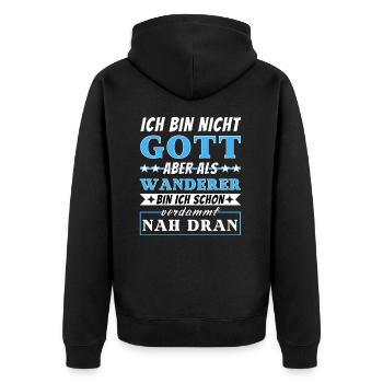 Ich bin nicht Gott aber als Wanderer nah dran - Unisex Premium Bio Zip Hoodie - Schwarz - Hinten - Nico (187cm)