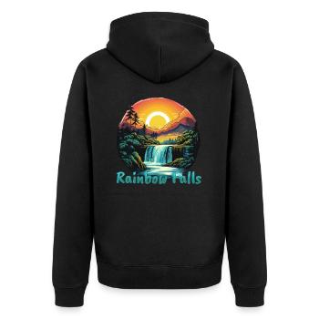 Hawaii Rainbow Falls Sonnenuntergang Design - Unisex Premium Bio Zip Hoodie - Schwarz - Hinten - Nico (187cm)
