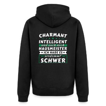 Charmant und intelligent - Hausmeister Edition - Unisex Premium Bio Zip Hoodie - Schwarz - Hinten - Nico (187cm)