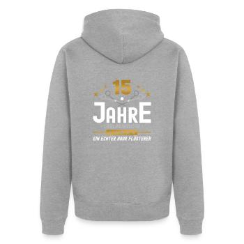 15 Jahre Jubiläum Friseur - Unisex Premium Bio Zip Hoodie - Grau meliert - Hinten - Nico (187cm)