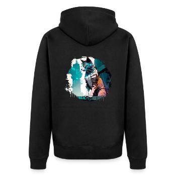 Cat Rooftop Watcher in futuristischer Cyber-City - Unisex Premium Bio Zip Hoodie - Schwarz - Hinten - Nico (187cm)