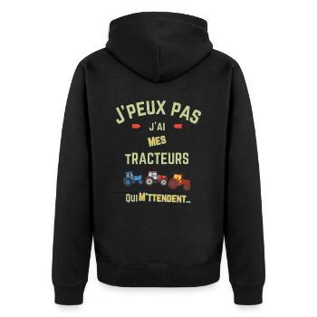Ich kann nicht, ich habe meine Traktoren, die auf mich warten - Unisex Premium Bio Zip Hoodie - Schwarz - Hinten - Nico (187cm)