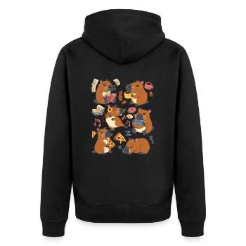 Capybara: Pizza, Kaffee, Donut, Musik, Buch lesen - Unisex Premium Bio Zip Hoodie - Schwarz - Hinten - Nico (187cm)