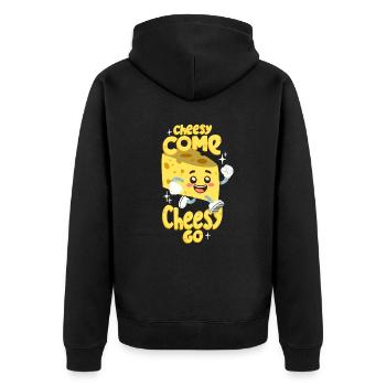 Käse-Wortwitz: Cheesy Come Cheesy Go - Unisex Premium Bio Zip Hoodie - Schwarz - Hinten - Nico (187cm)