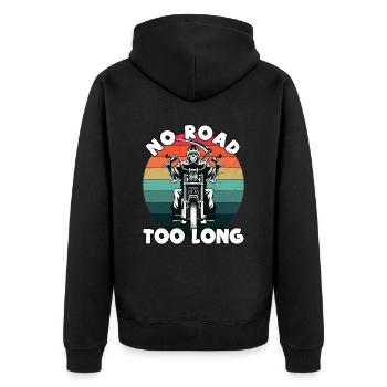 No Road Too Long. Motorradreisen. - Unisex Premium Bio Zip Hoodie - Schwarz - Hinten - Nico (187cm)